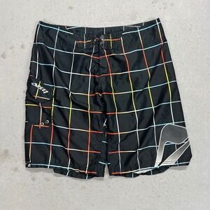 Reef Mens Board Shorts Size 38 Black Multi Color Grid Plaid Surf Swim Trunks‎